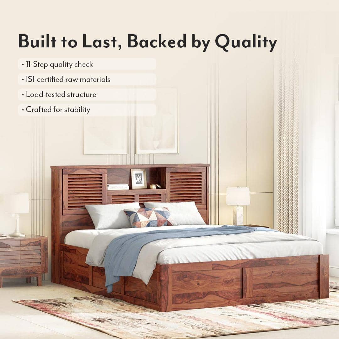 Cambry Queen Size Box Storage Bed With Headboard Storage In Honey Finish