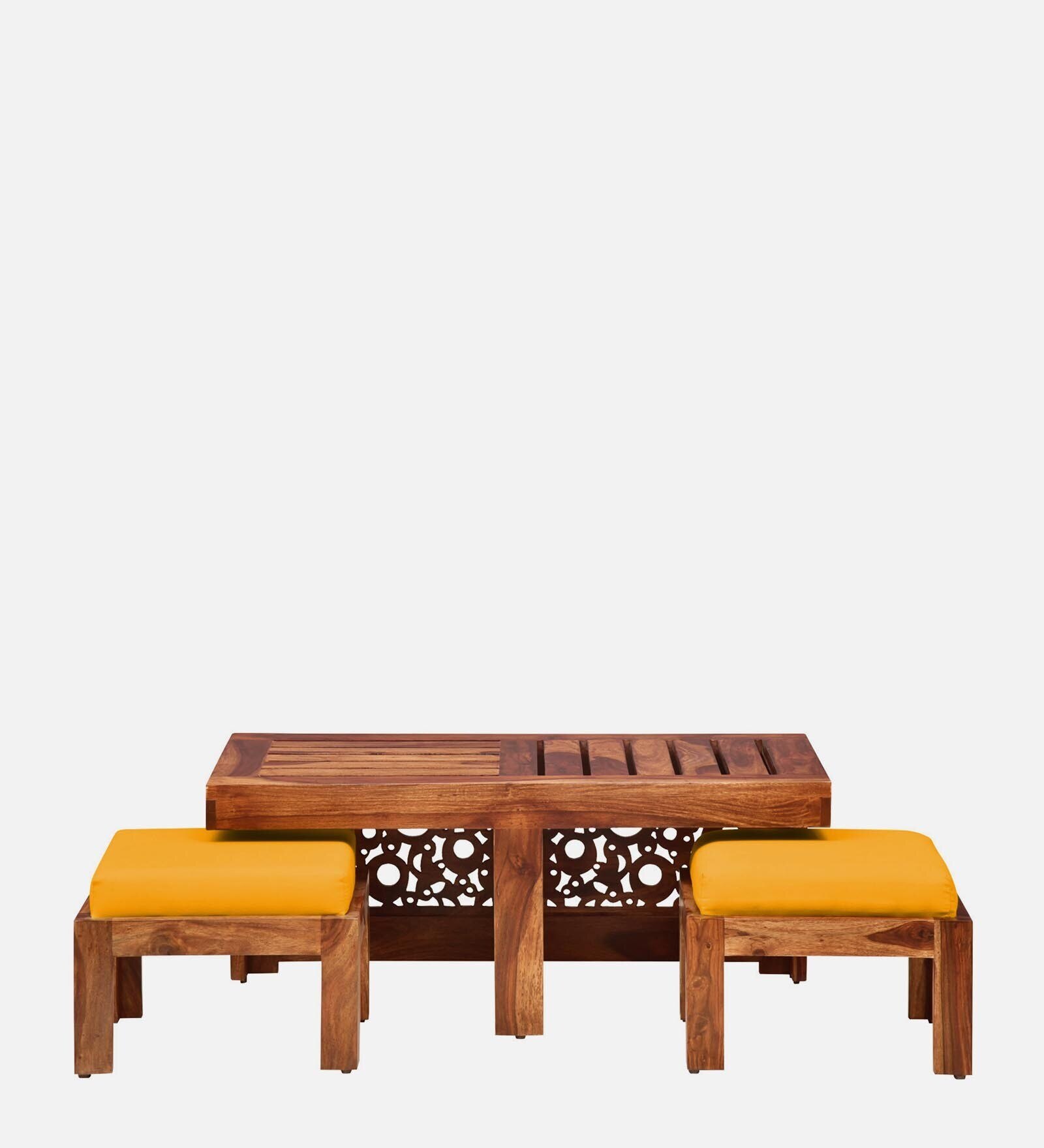 Lifty Sheesham Wood Nesting Coffee Table Set in Rustic  Teak Finish With Cushioned Stools