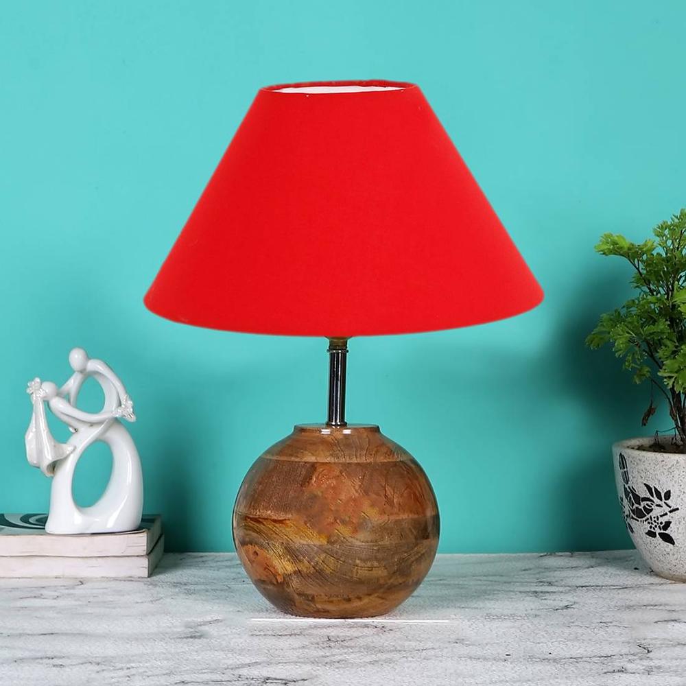 Red cotton with Natural Wood Table Lamp