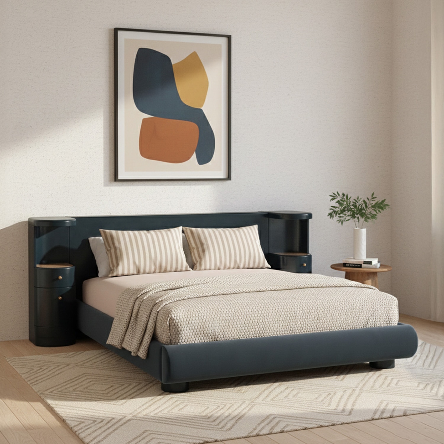 Regalis Block-Leg Panel Queen Size Bed in Velvet With Oak wood Frame & Hydraulic Storage-image-19