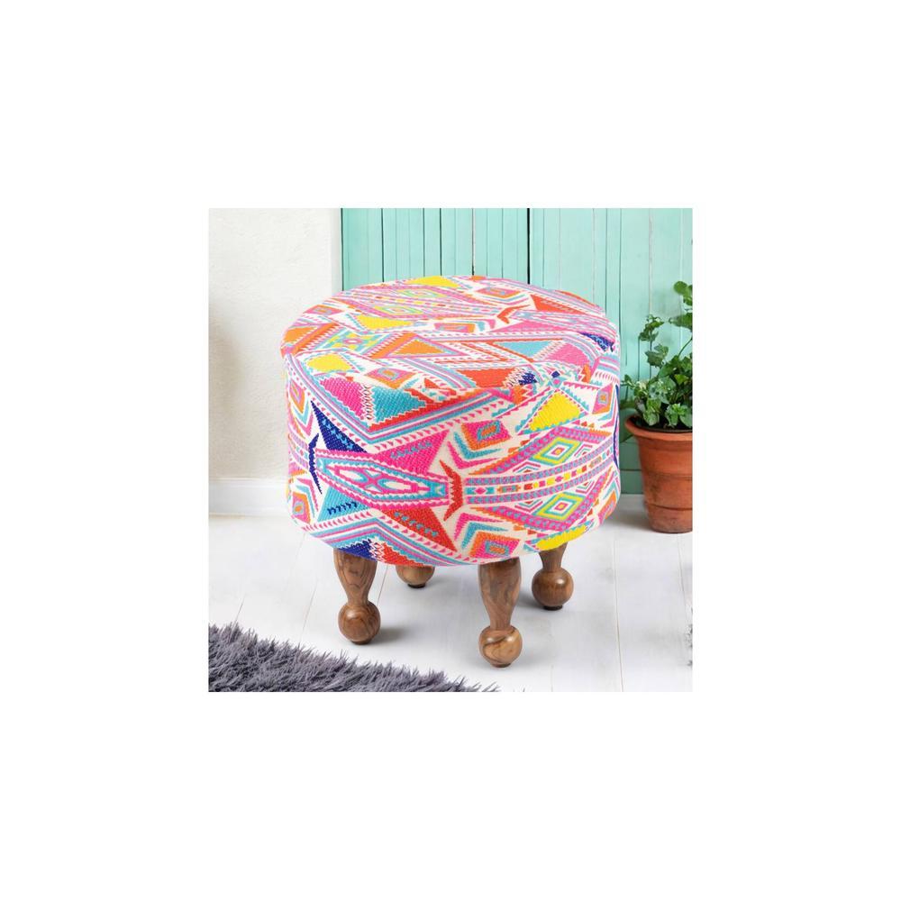Louisville Acacia Wood Parisian Round Pouffe in Multicolour Jacquard