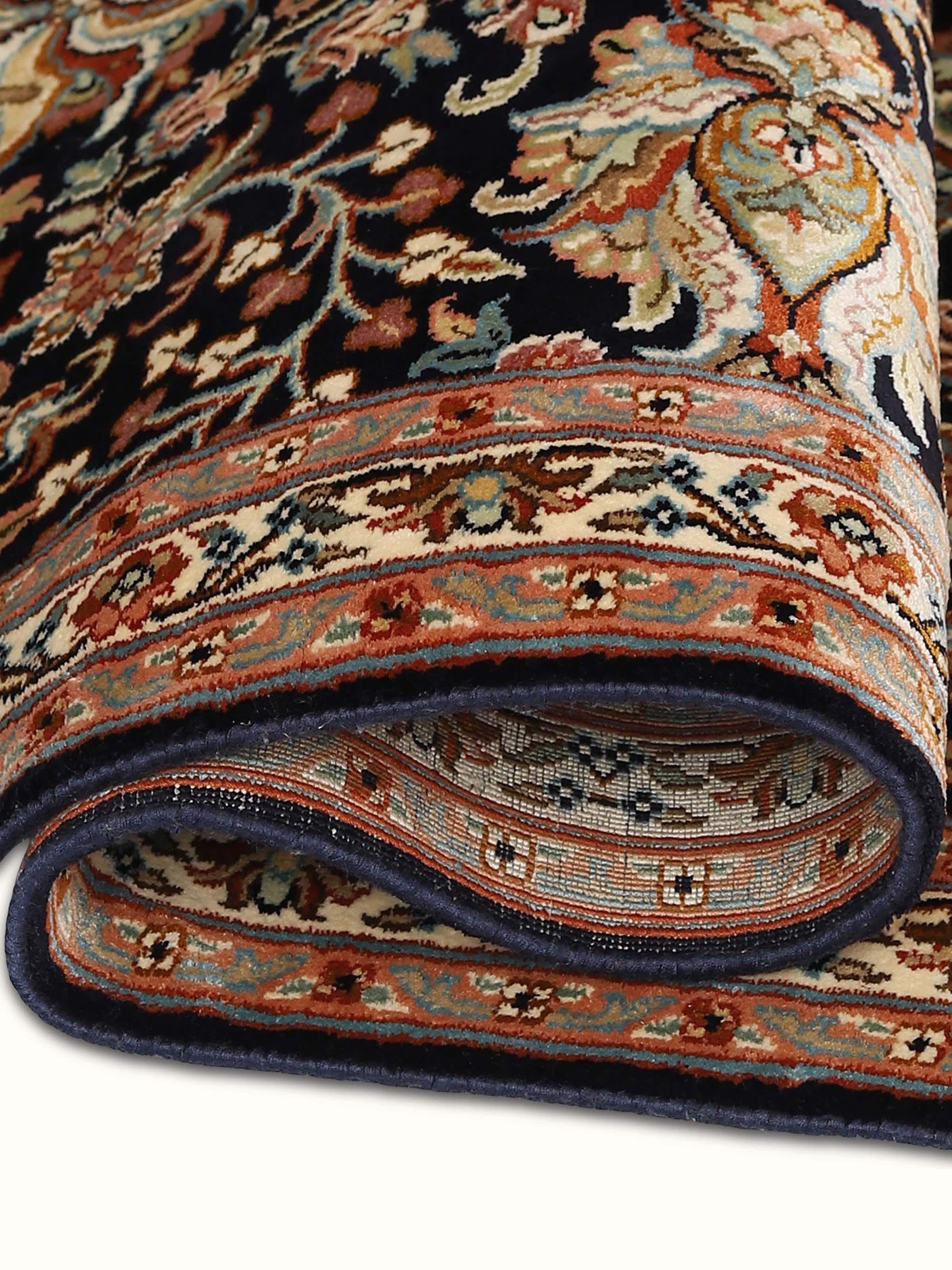 Traditional Persian Navy Blue Shah Abbasi Kashmir Silk Hand-knotted Rug