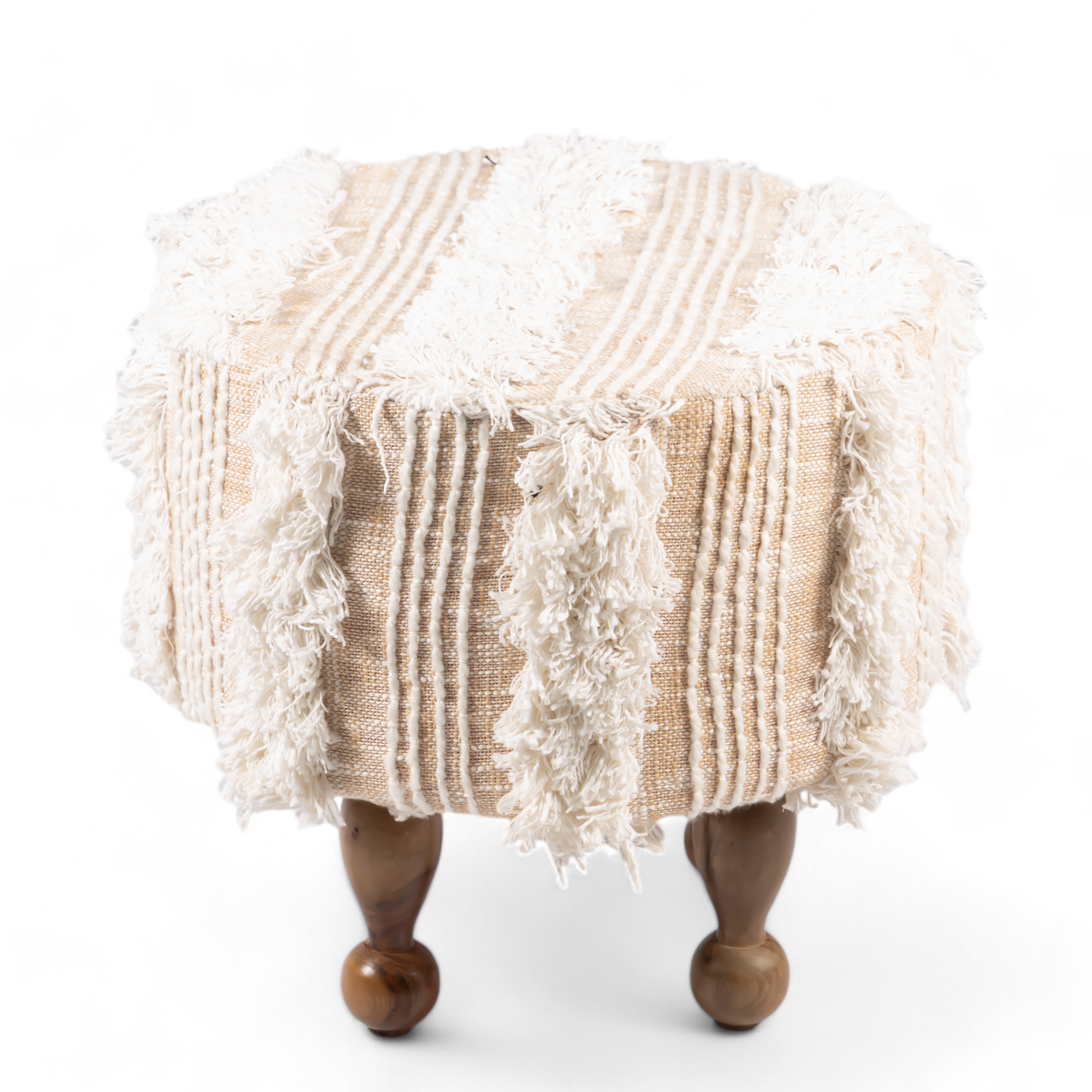 Louisville Acacia Wood Mid Century Round Pouf Stool in Beige Fabric