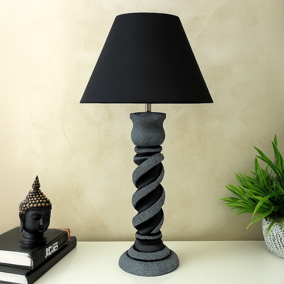 Rassi Stone Grey Black Wooden Table Lamp in Grey