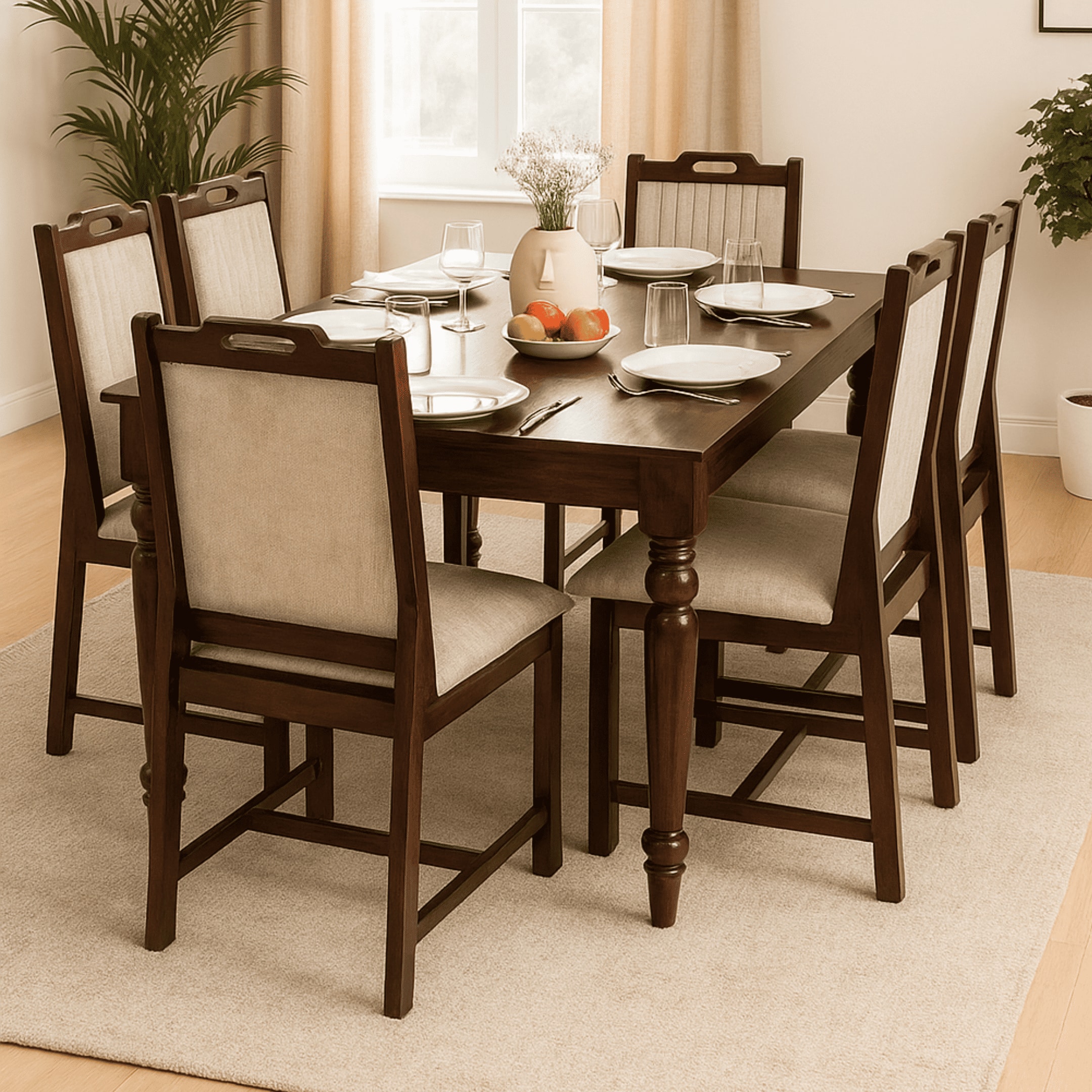 Globally Indian Compact Wooden 6 Seater Dining Table Set – Comfortable 6 Upholstered Seat and Back in Beige Sapphire