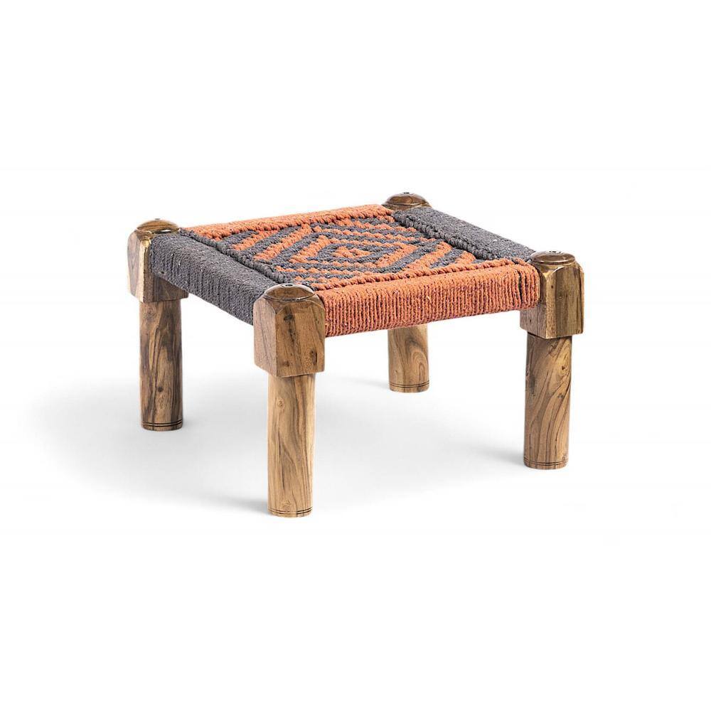 Riaza Solid Wood Maachi Foot Stool in Grey & Orange Canning