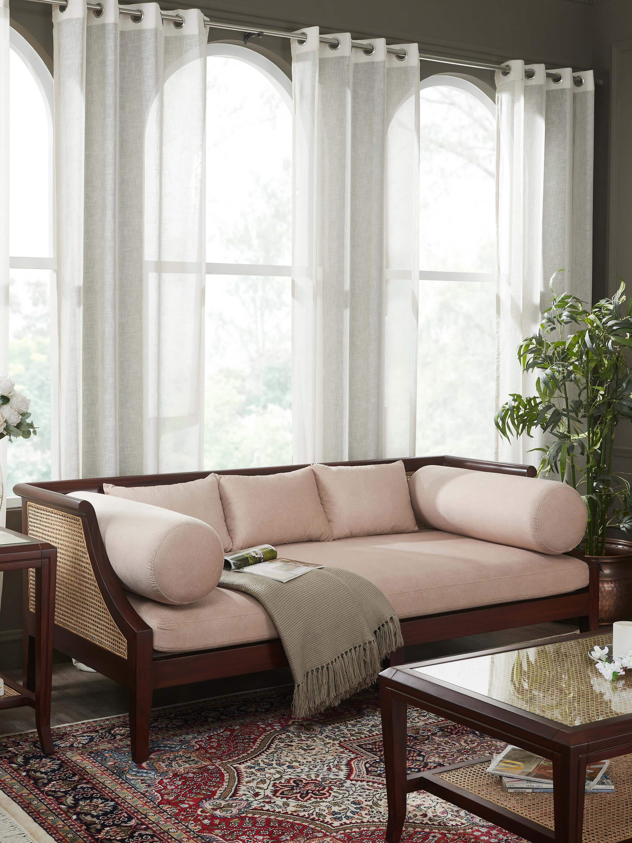 Side view of Upholstered Mahogany Wood 3-Seater Sofa with elegant upholstery and sturdy mahogany wood structure.