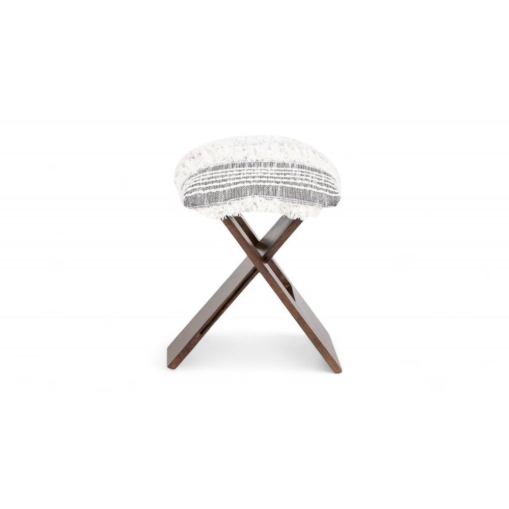 Dayton Sheesham Wood Mid Century Square   Stool in Grey Fabric   Fringes Upholstery