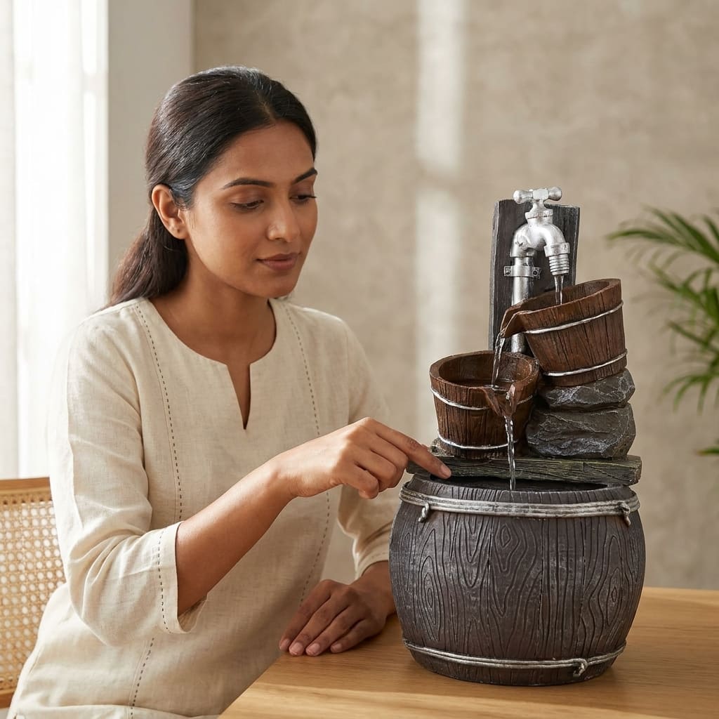 Water Fountain Rustic Barrel Cascade Water Fountain in Vintage Tap and Bucket in Multicolor Colour - Vedas