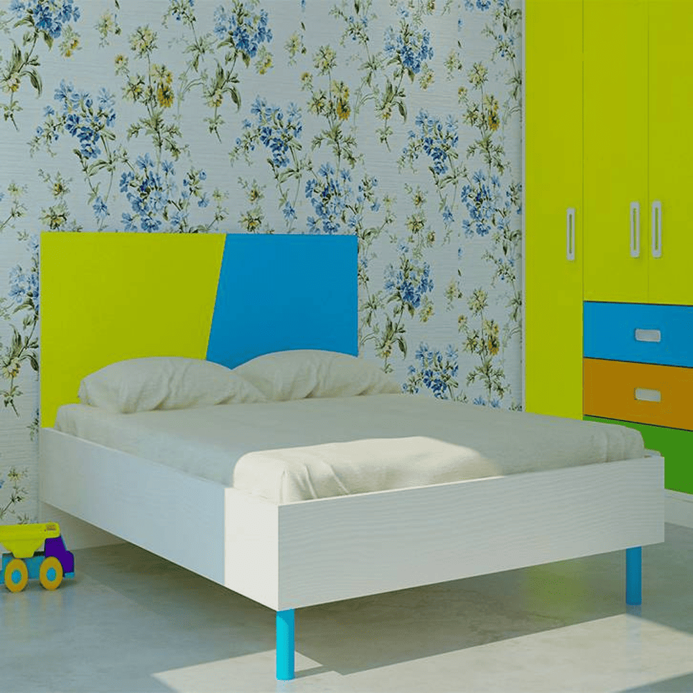 Fiona Engineered Wood Non Storage Bed in Lime Yellow Azure Blue Colour