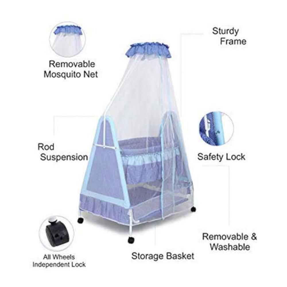Polkamania Metal Baby Cradle with Mosquito Protection Net - Blue
