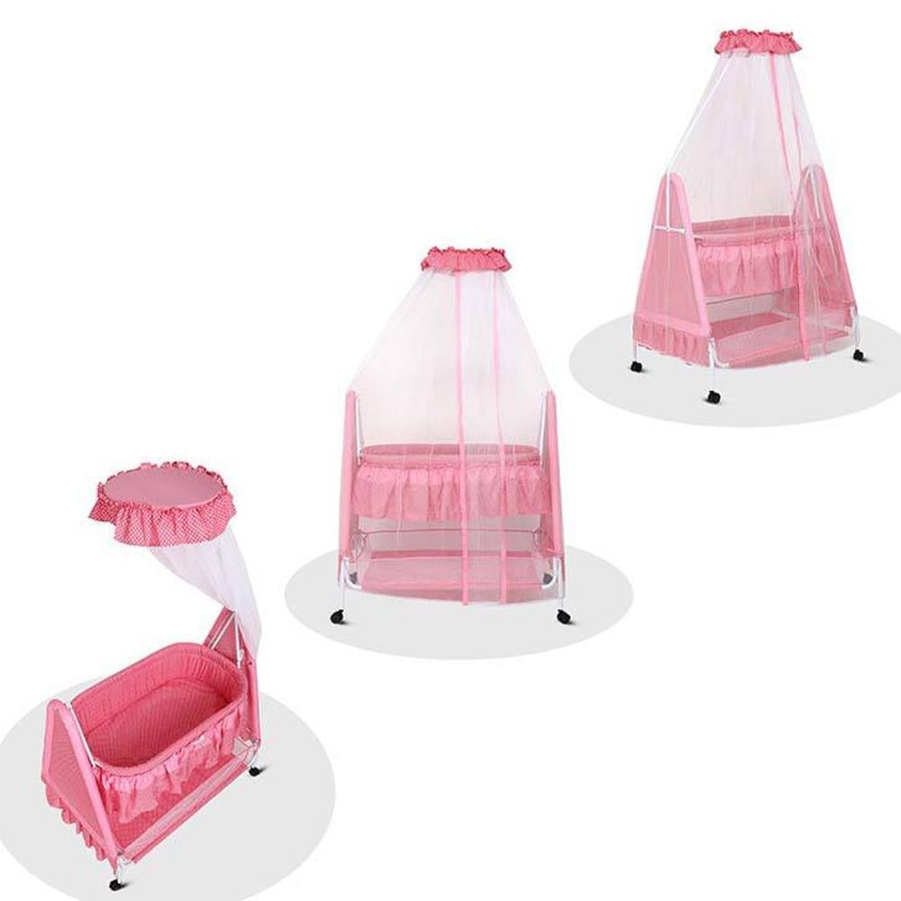Polkamania Metal Baby Cradle with Mosquito Protection Net - Pink