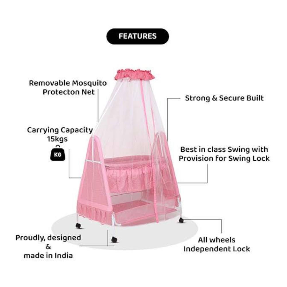 Polkamania Metal Baby Cradle with Mosquito Protection Net - Pink