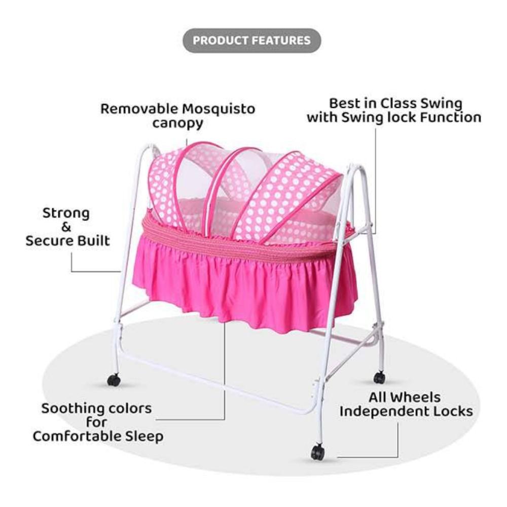 Clio Metal Baby Cradle with Mosquito Protection Net - Pink