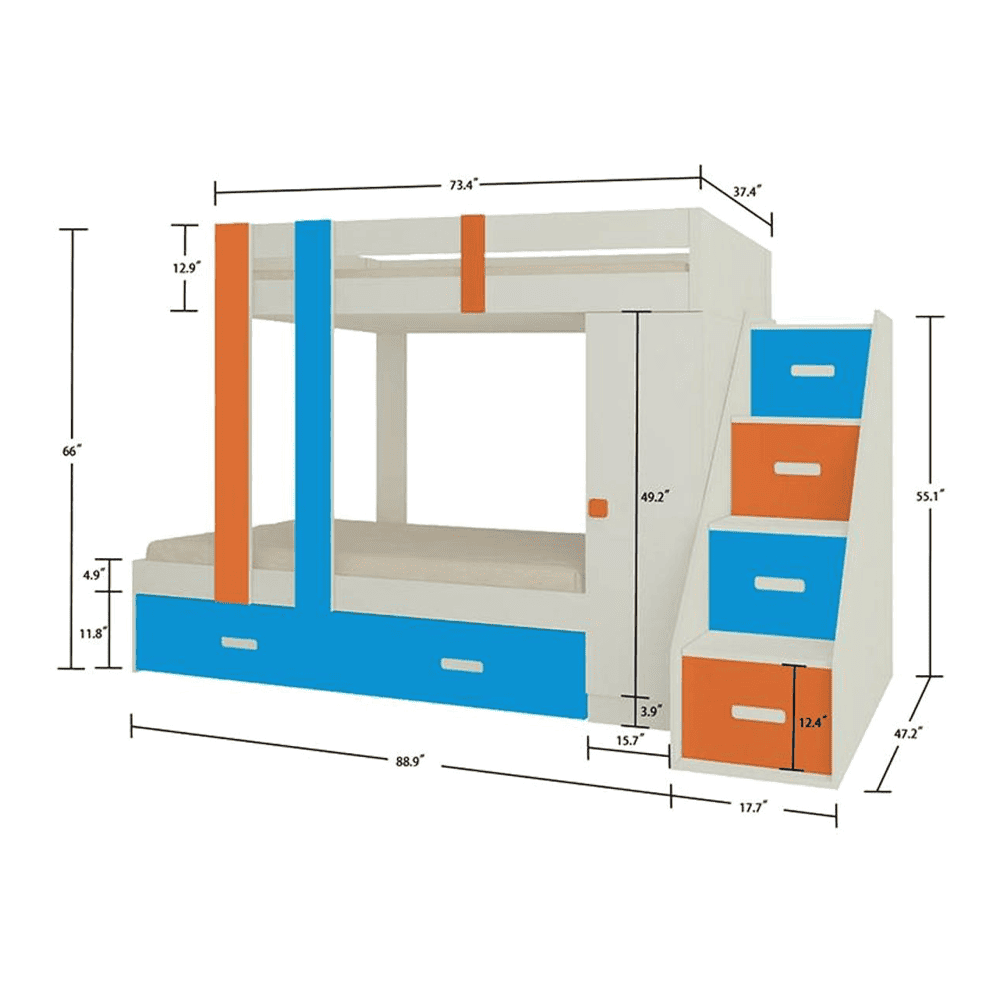 Luxuria Engineered Wood Box & Drawer Storage Bunk Bed Light Orange Azure Blue