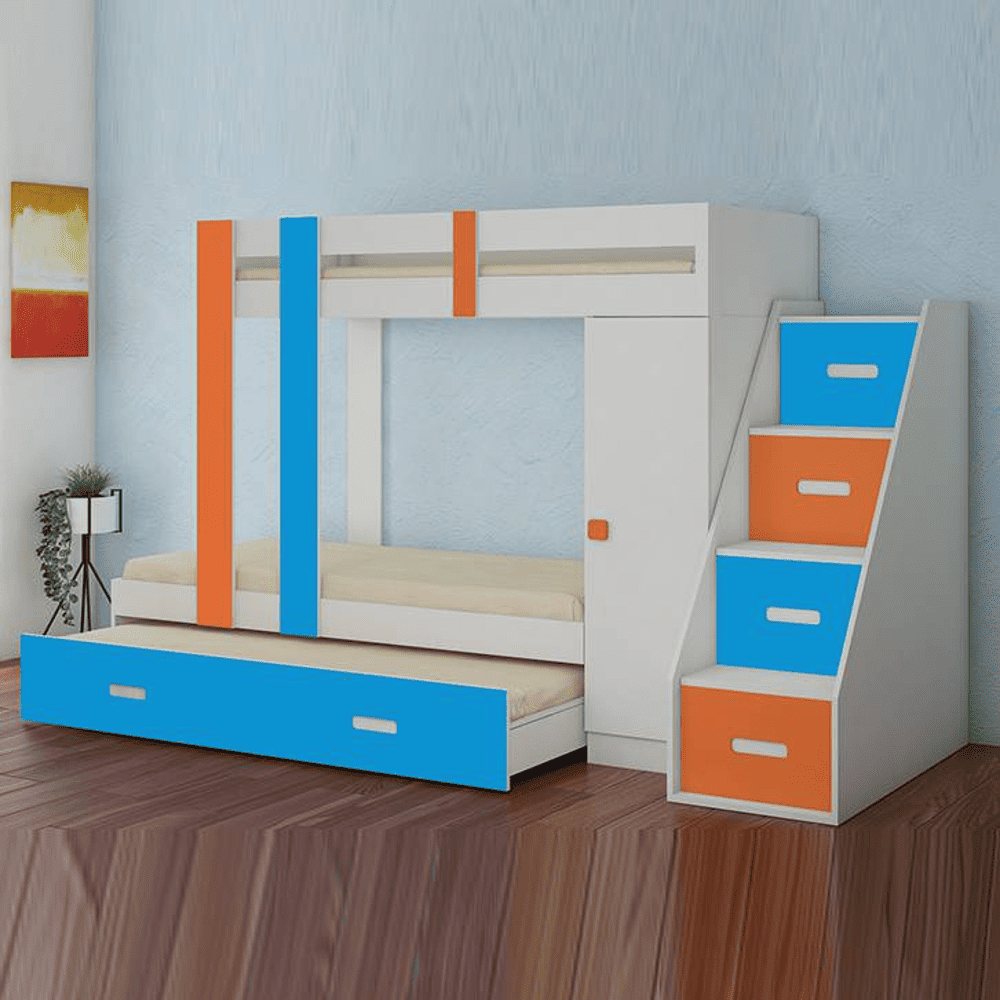 Luxuria Engineered Wood Box & Drawer Storage Bunk Bed Light Orange Azure Blue