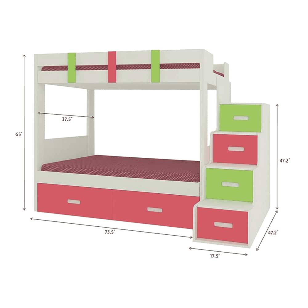 Suvina Engineered Wood Drawer Storage Bunk Bed Strawberry Pink Verdant Green