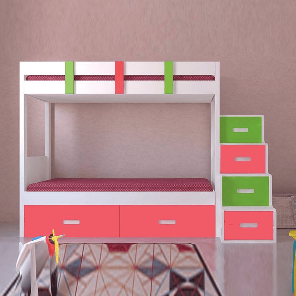 Suvina Engineered Wood Drawer Storage Bunk Bed Strawberry Pink Verdant Green