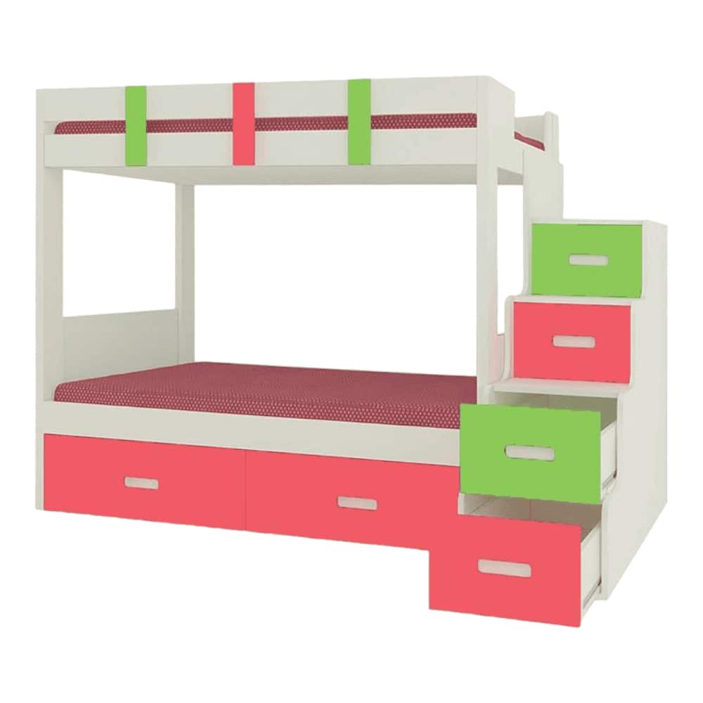 Suvina Engineered Wood Drawer Storage Bunk Bed Strawberry Pink Verdant Green