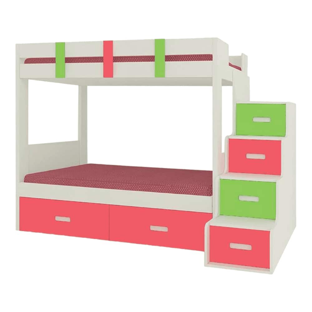 Suvina Engineered Wood Drawer Storage Bunk Bed Strawberry Pink Verdant Green