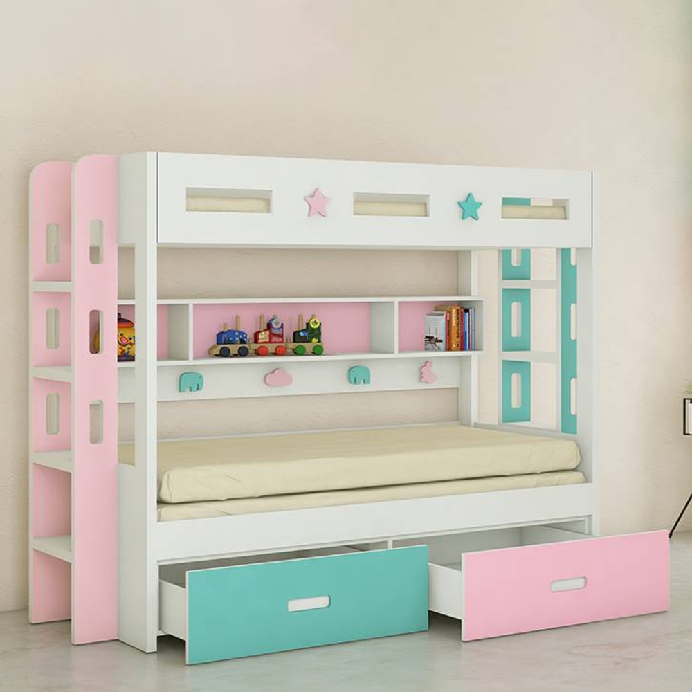 Astra Engineered Wood Box & Drawer Storage Bunk Bed English Pink Misty Turquoise