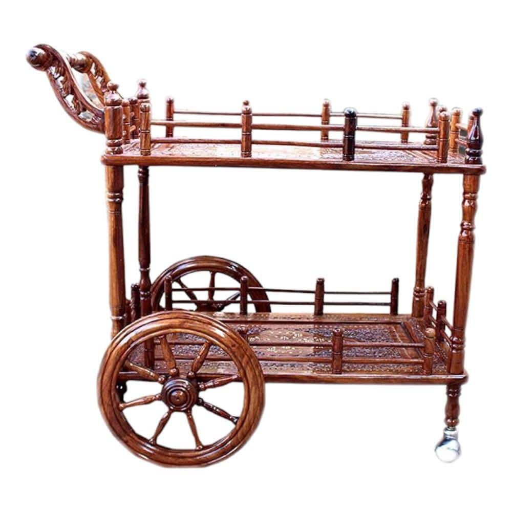 Shilpi Sheesham Wood Standard Handmade Wheel Decor Service Bar Trolley