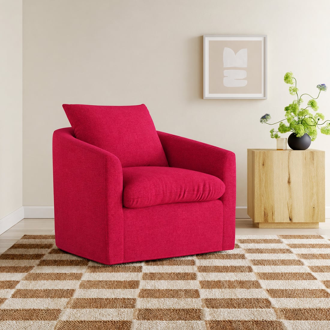 Oxford Boucle Fabric Lounge Chair in Red Colour - KURSIWALLAH