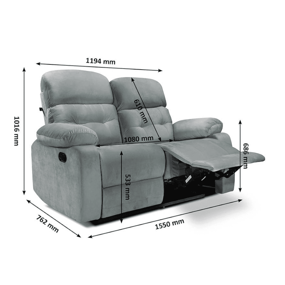 Avion Fabric Two Seater Manual Recliner in Grey Colour