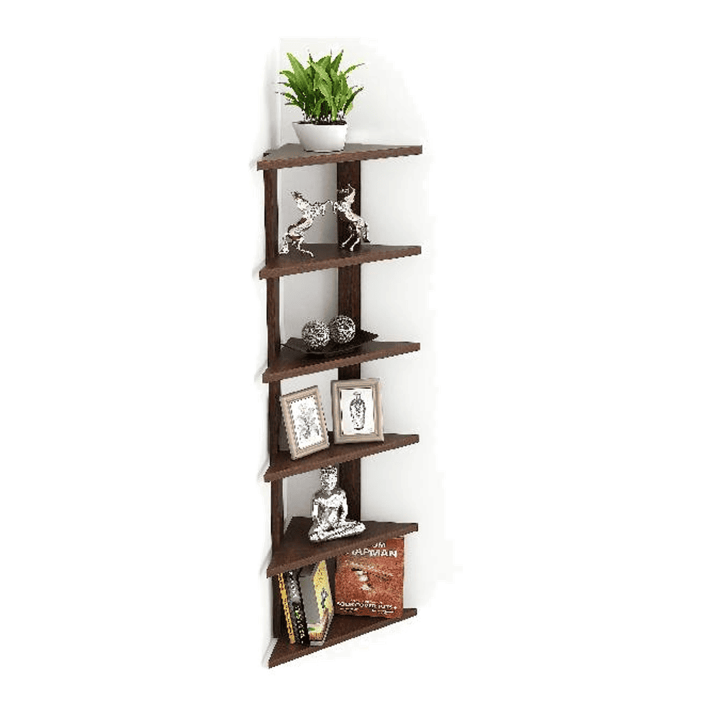 Bluewud Wudville Braine Engineered Wood Wall Mount Corner Shelf, Display Rack, (6 Tringle Shelves - Wenge)