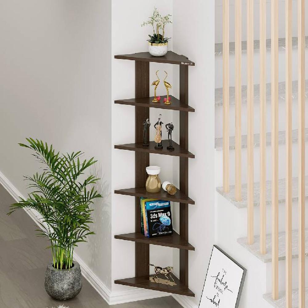 Bluewud Wudville Braine Engineered Wood Wall Mount Corner Shelf, Display Rack, (6 Tringle Shelves - Wenge)
