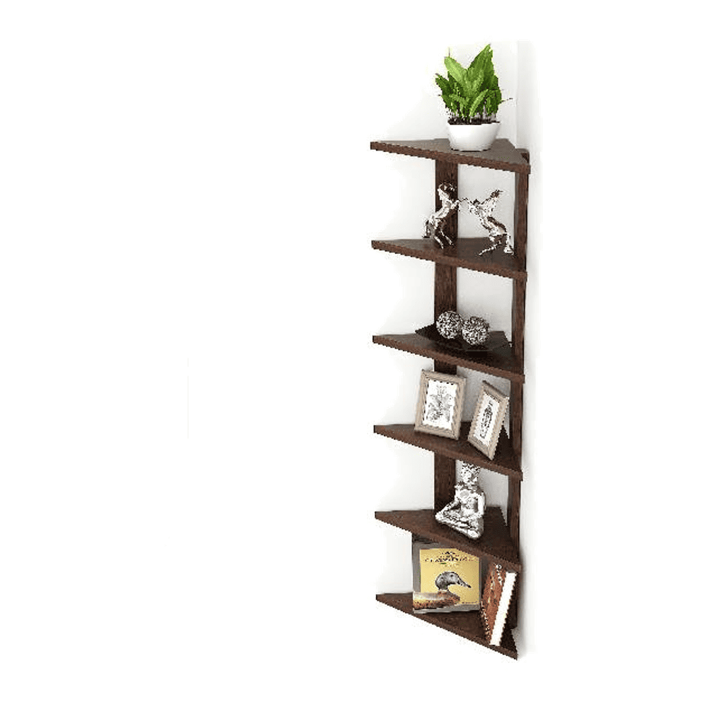 Bluewud Wudville Braine Engineered Wood Wall Mount Corner Shelf, Display Rack, (6 Tringle Shelves - Wenge)