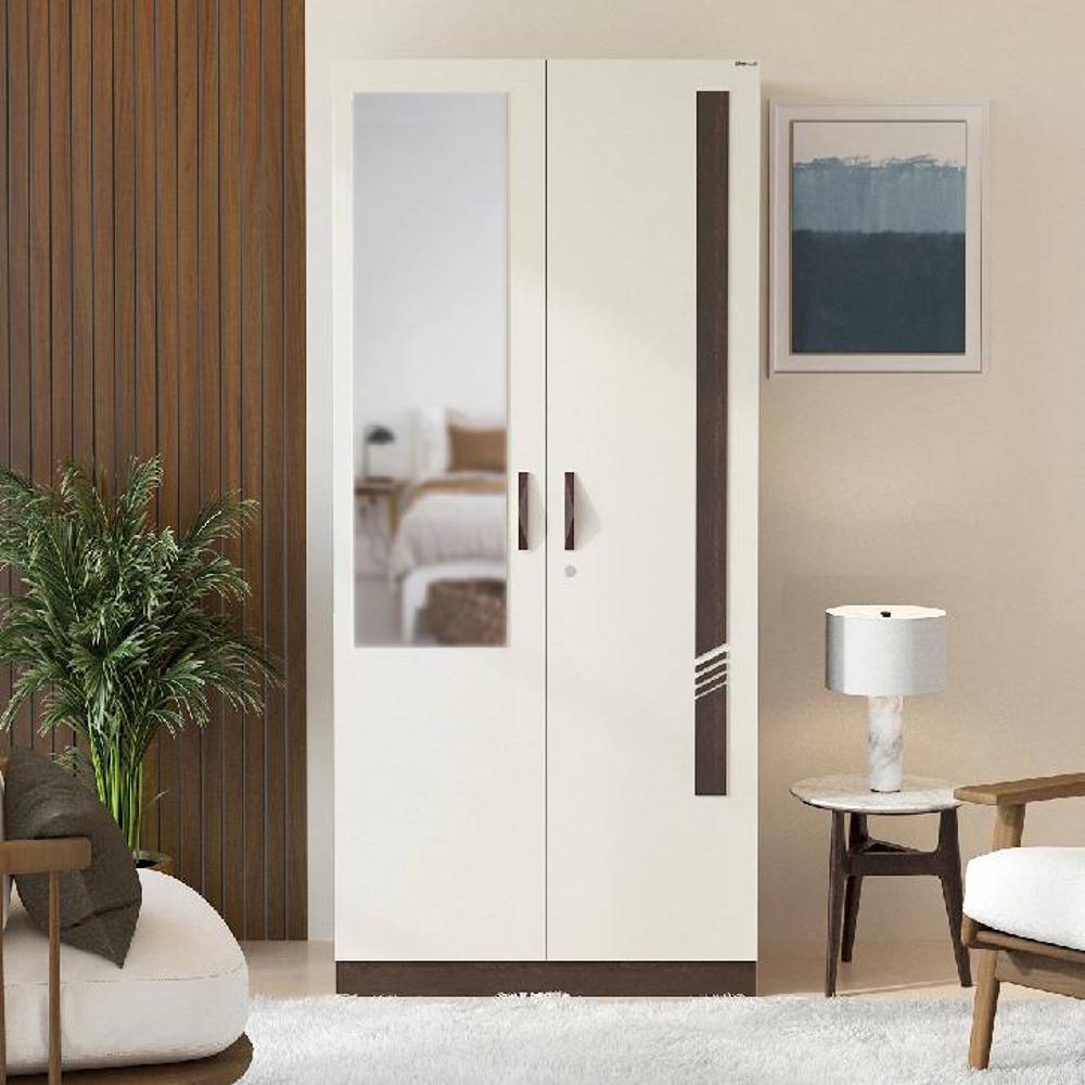 Bluewud Andrie Engineered Wood 2 Door Wardrobe with Mirror and Drawer, (Wenge & White)