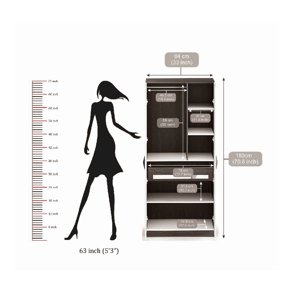 Bluewud Andrie Engineered Wood 2 Door Wardrobe with Mirror and Drawer, (Wenge & White)