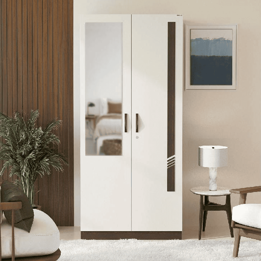 Bluewud Andrie Engineered Wood 2 Door Wardrobe with Mirror and Drawer, (Wenge & White)
