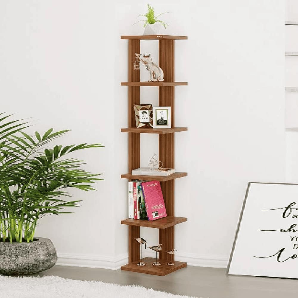 Bluewud Wudville Braine Engineered Wood Wall Mount Corner Shelf, Display Rack, (6 Square Shelves - Walnut)