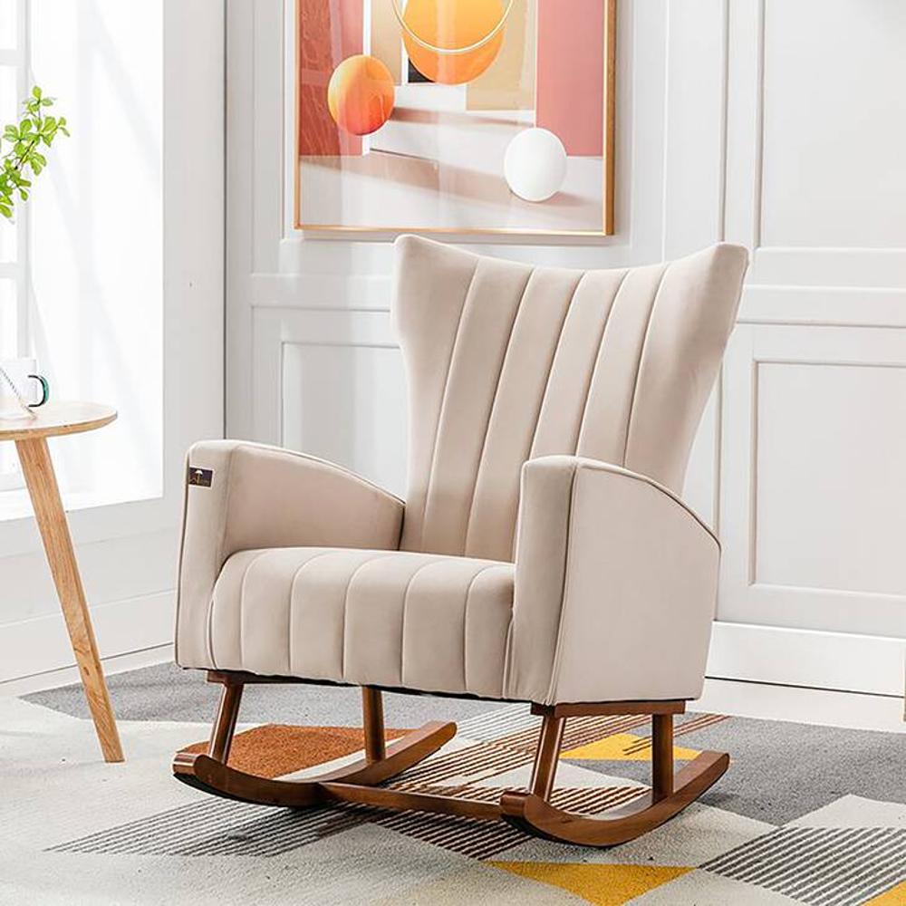 Peirce Solid Wood Rocking Chair in Beige Leatherette Colour