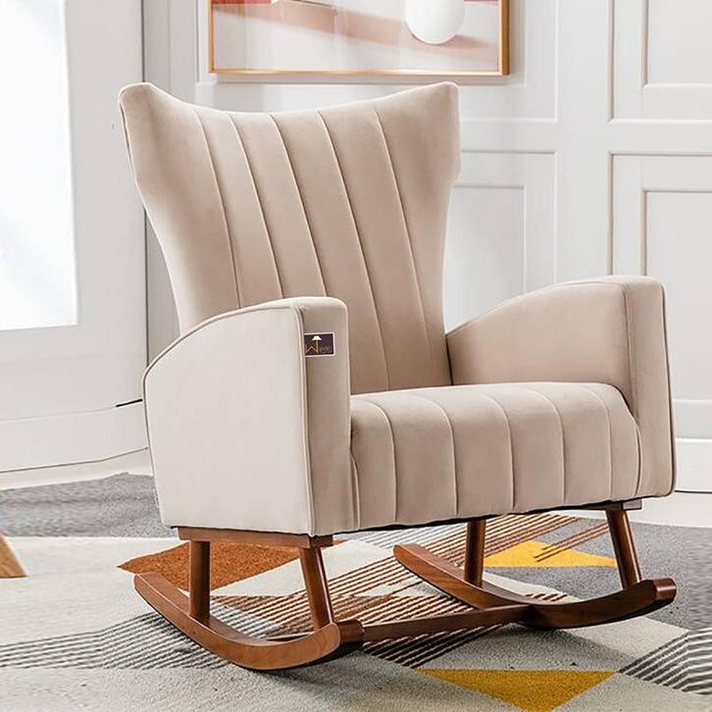 Peirce Solid Wood Rocking Chair in Beige Leatherette Colour