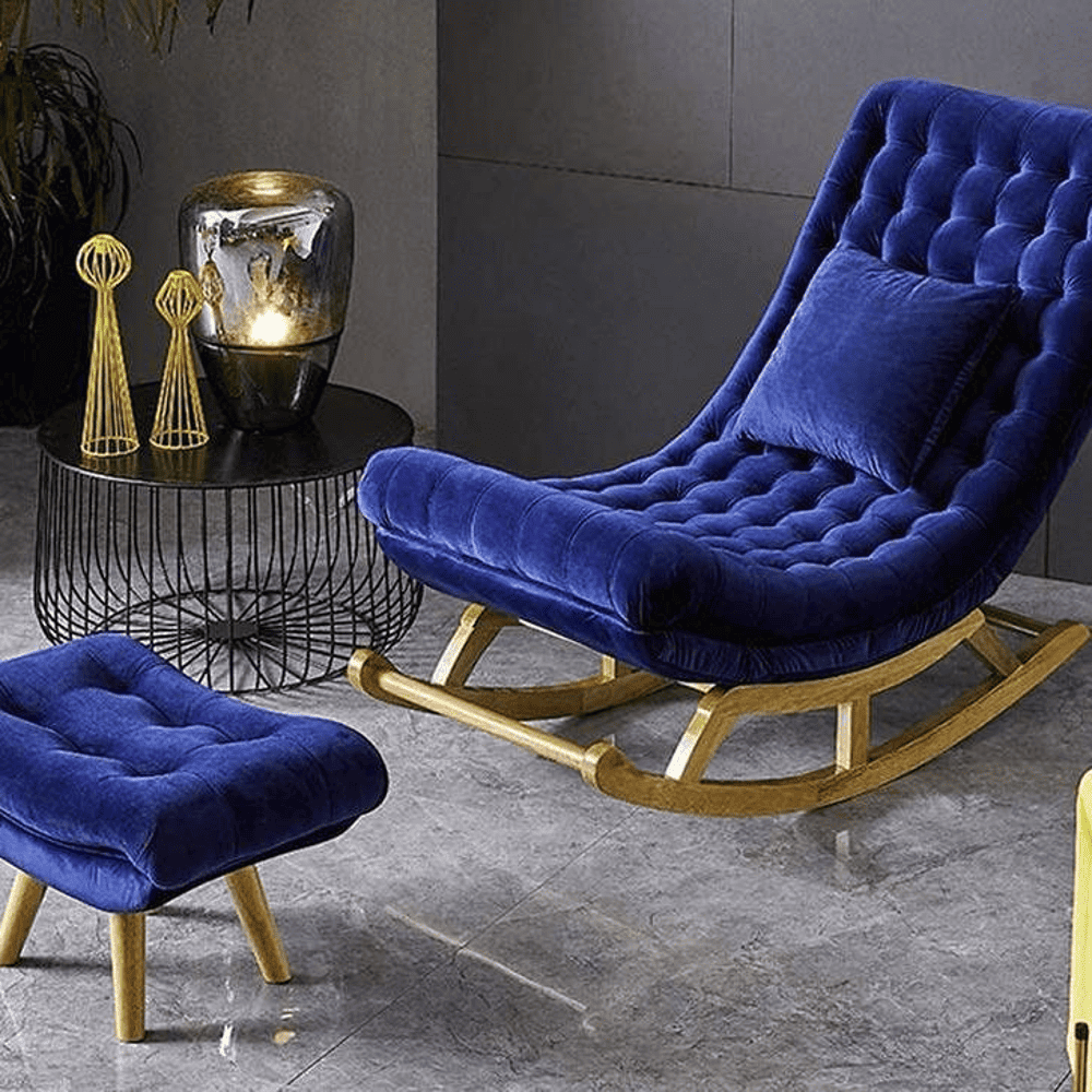 Eldwin Solid Wood Rocking Chair in Blue valvet Colour