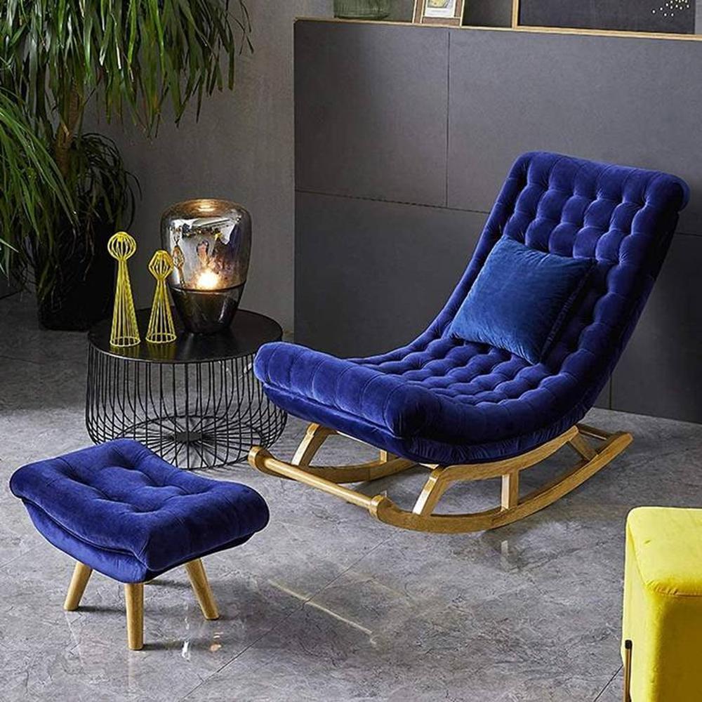 Eldwin Solid Wood Rocking Chair in Blue valvet Colour