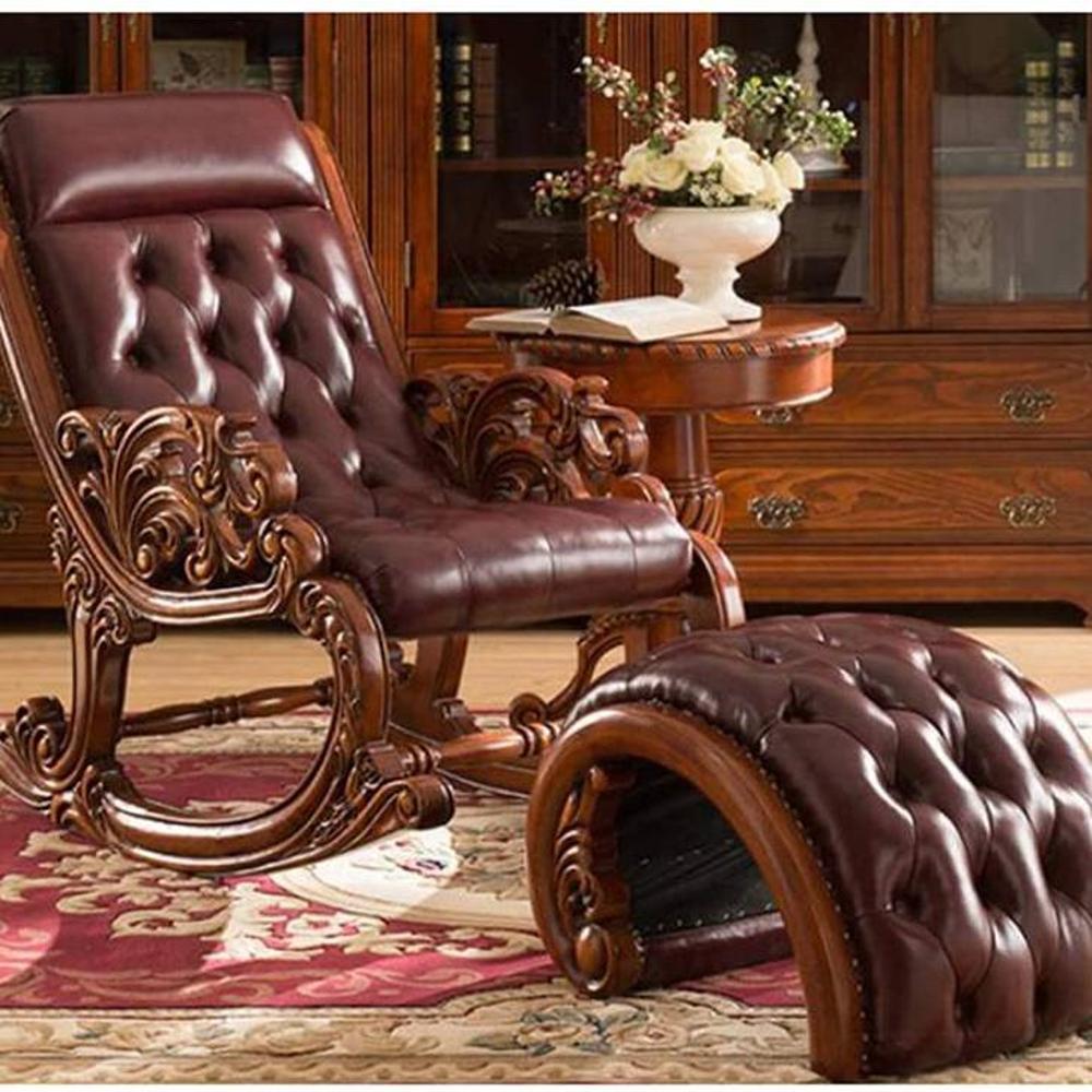 Eldred Solid Wood Rocking Chair in Brown Leathere Colour