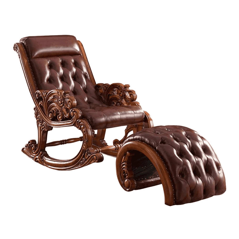 Eldred Solid Wood Rocking Chair in Brown Leathere Colour