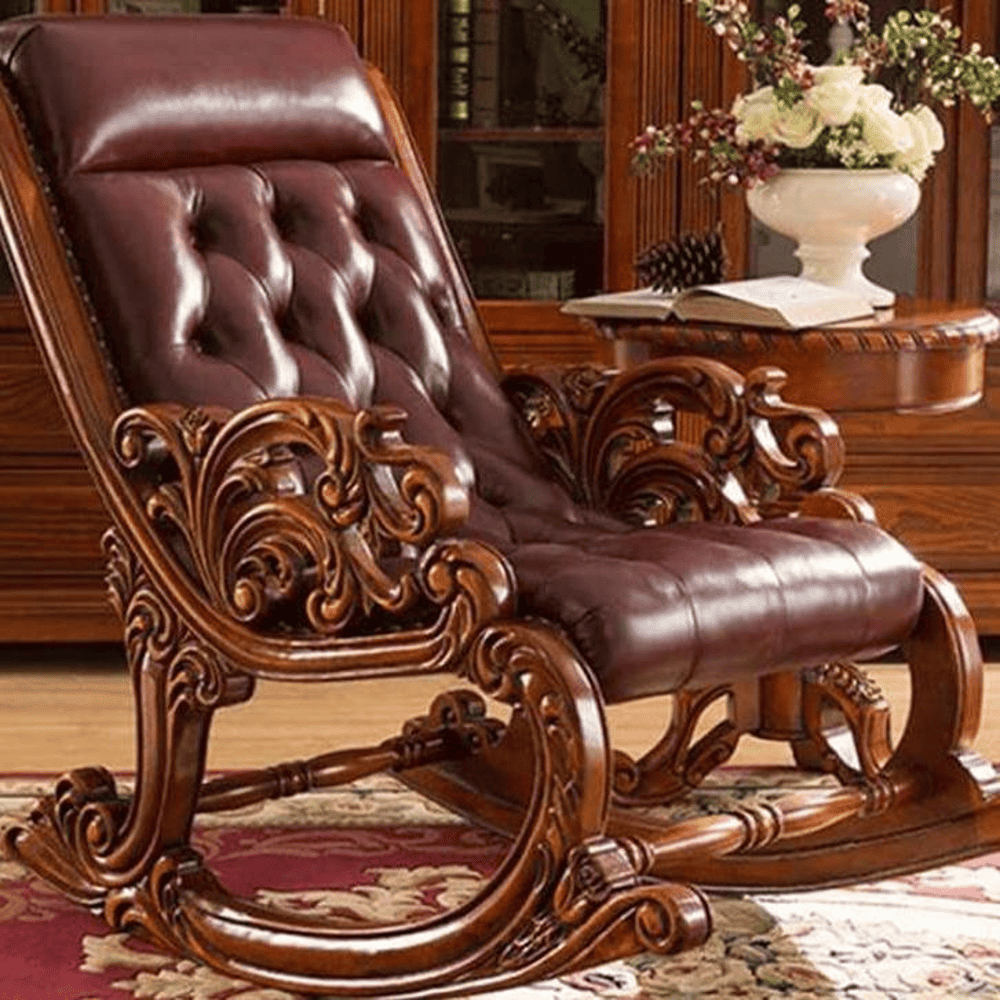 Eldred Solid Wood Rocking Chair in Brown Leathere Colour