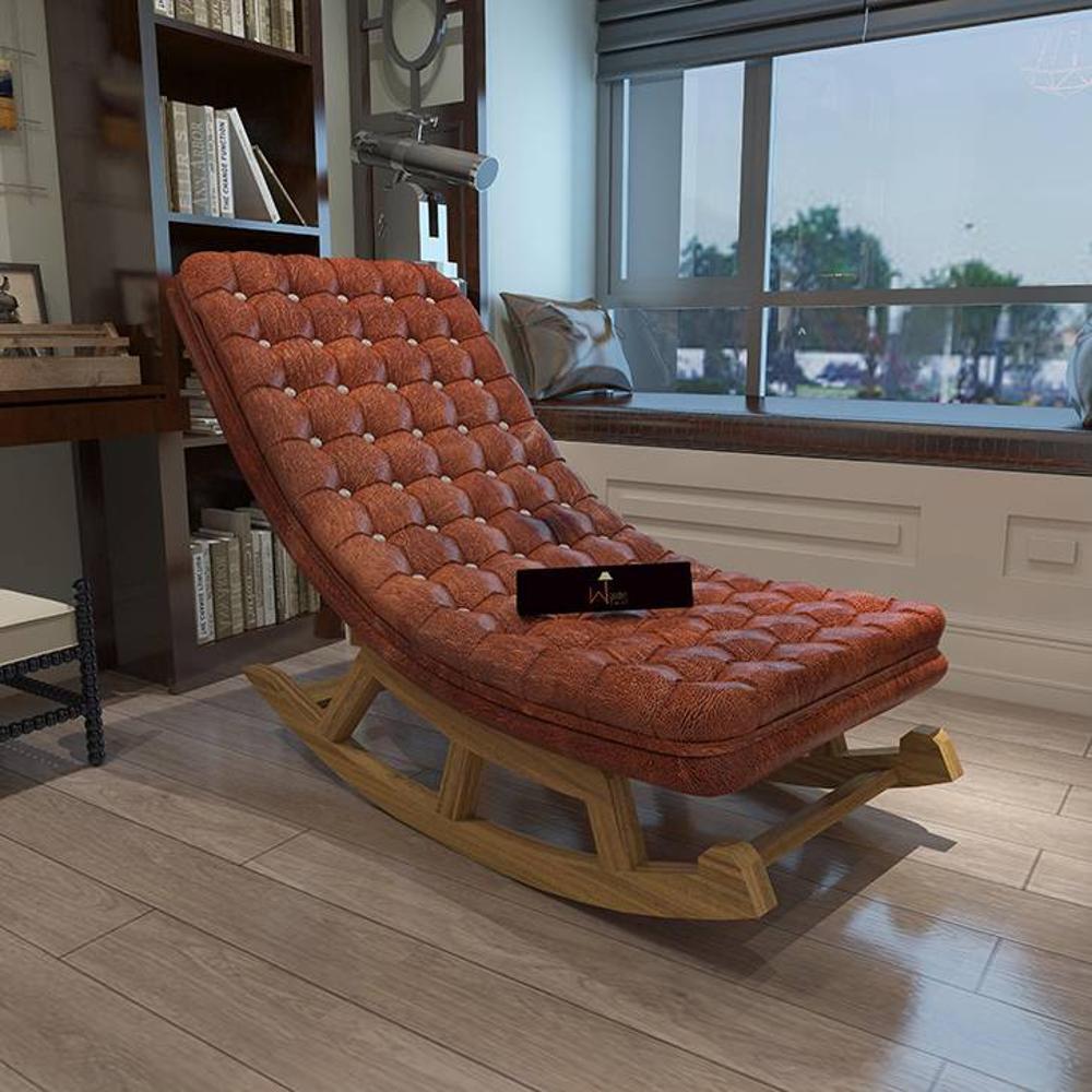 Darneil Solid Wood Rocking Chair in Brown Leathere Colour