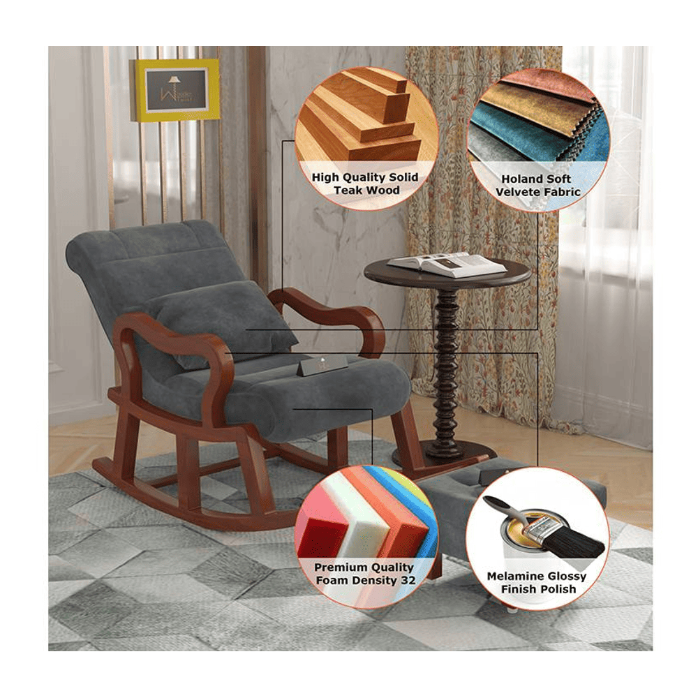 Alvar Solid Wood Rocking Chair in Grey Colour