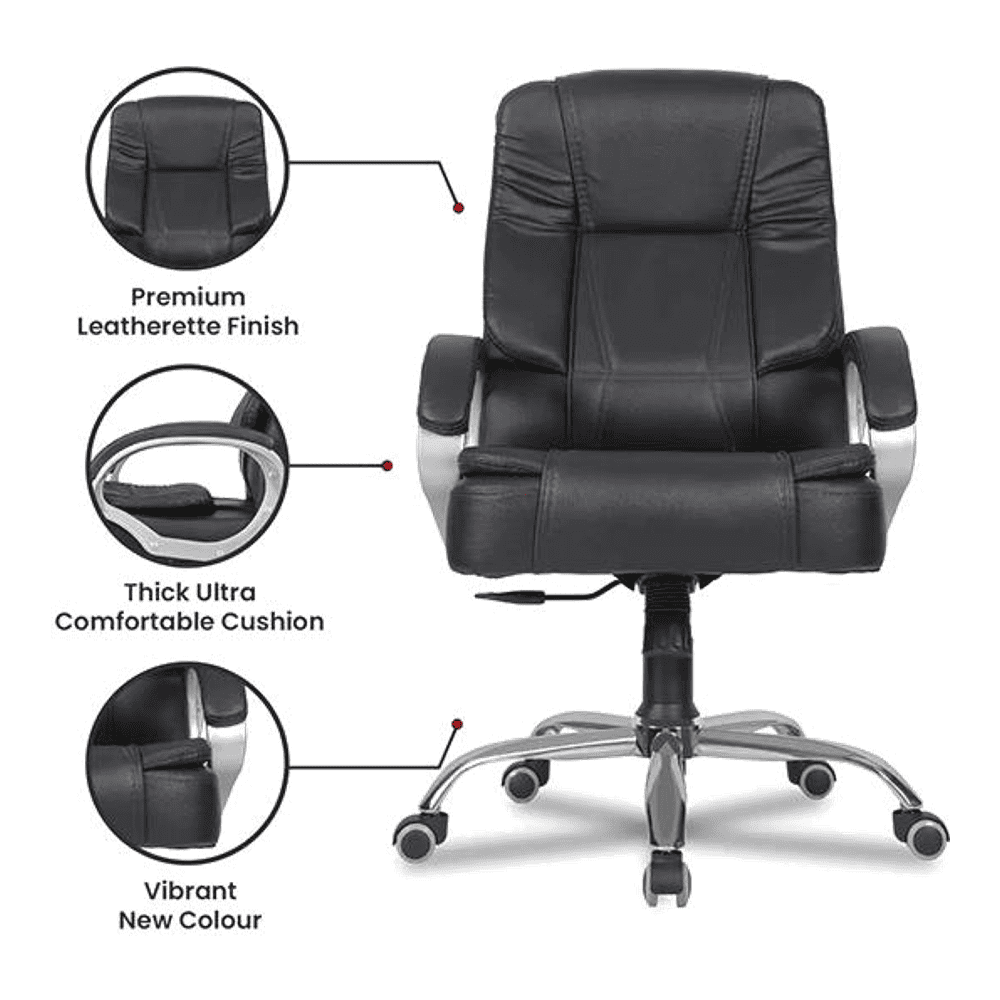 Pluto Leatherette Swivel Study Chair in Black Colour