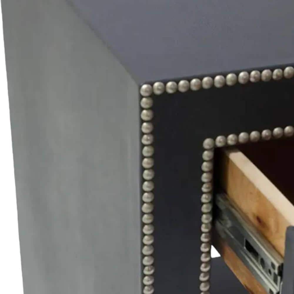 Ler Series Bedside Table in Black Leatherette and Pewter Nailhead Trims