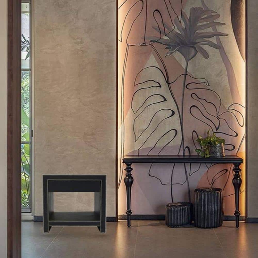 Ler Series Bedside Table in Black Leatherette and Pewter Nailhead Trims