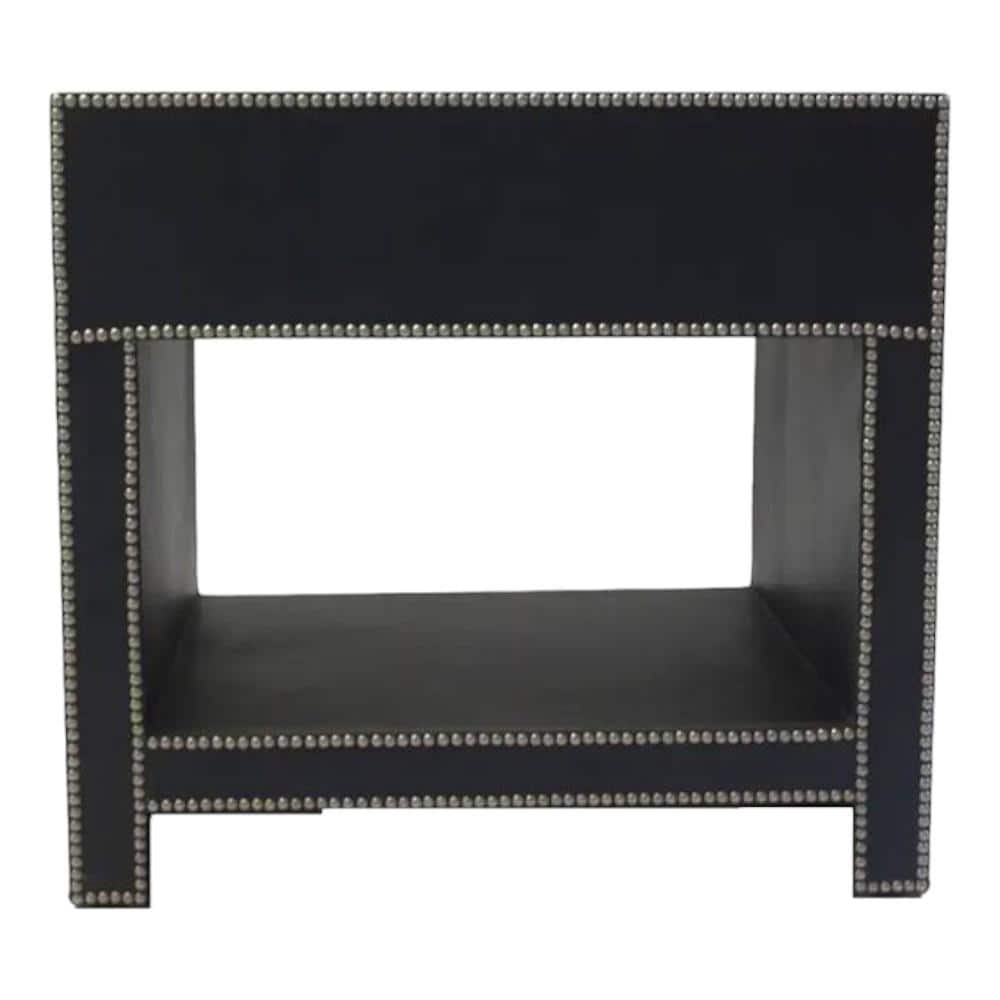 Ler Series Bedside Table in Black Leatherette and Pewter Nailhead Trims