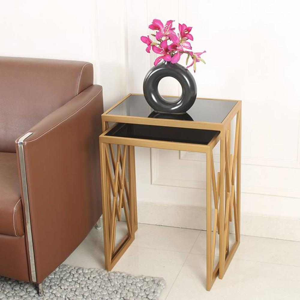 Valentino Black Glass Nesting Side Table in Dark Gold Finish