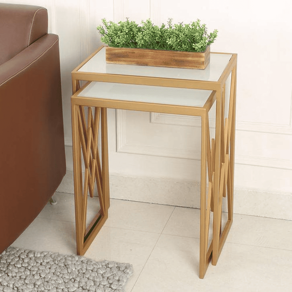 Valentino Frosted Glass Nesting Side Table in Dark Gold Finish